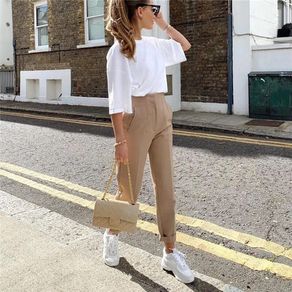 Elegant High-Waisted Beige Trousers: Stylish Office Fashion