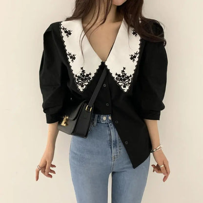 Embroidered Puff Sleeve Panelled Shirt for Women – Summer Casual Cozy Design, Aesthetic & Trendy