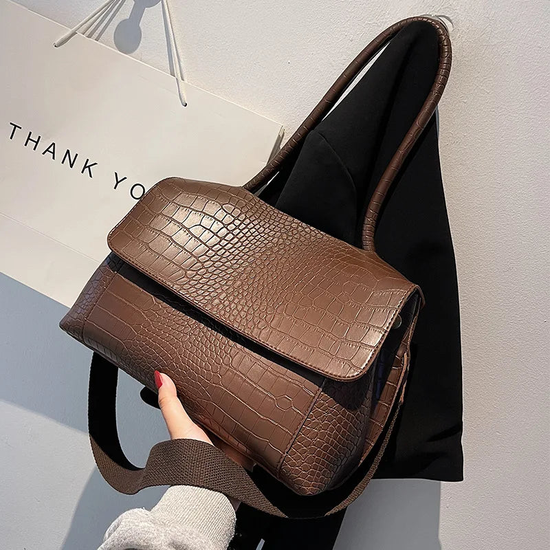 Chic Espresso Croc Embossed Shoulder Bag