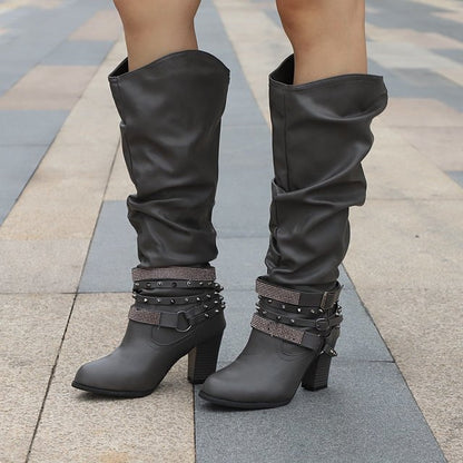 Women's Knee-High Buckle Strap Boots – Retro PU Leather Rivet Thick Heel Motorcycle Boots