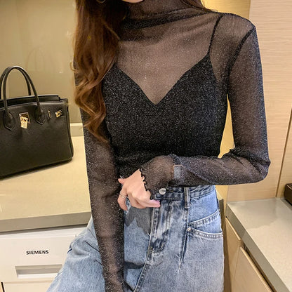 Artisanal Detail: 3D-Floral Mesh Lantern-Sleeve Top