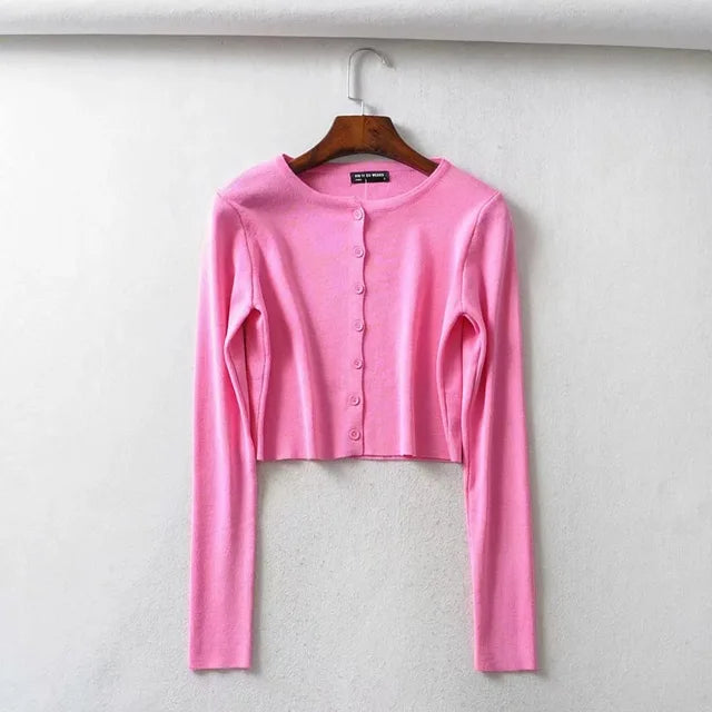 Spring O-Neck Long Sleeve Thin Cropped Sweaters