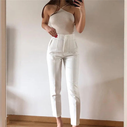 Elegant High-Waisted Beige Trousers: Stylish Office Fashion