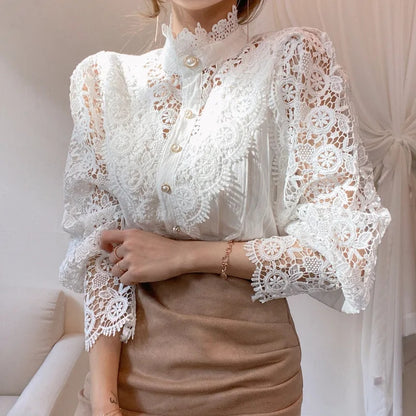 Vintage White Lace Blouse: Korean Buttoned Elegance for Women