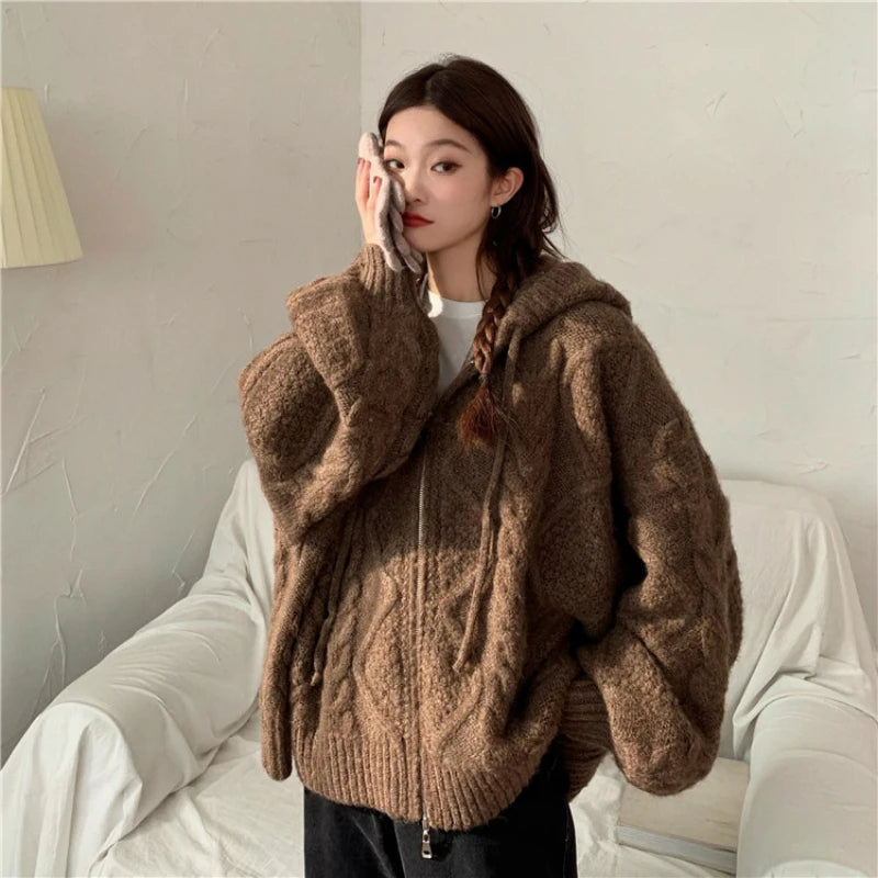 Womens Oversized Brown Knit Sweater Autumn Winter New Korean Fashion Long Sleeve Twisted Knit Cardigan Coat