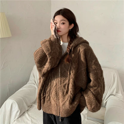 Womens Oversized Brown Knit Sweater Autumn Winter New Korean Fashion Long Sleeve Twisted Knit Cardigan Coat