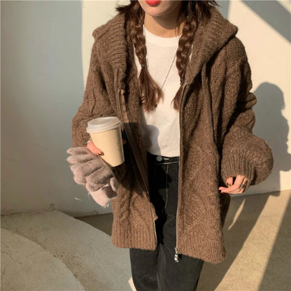 Womens Oversized Brown Knit Sweater Autumn Winter New Korean Fashion Long Sleeve Twisted Knit Cardigan Coat