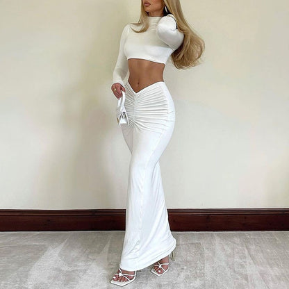 Womens Long Sleeve Crop Tops Long Pencil Skirts Two Piece Set