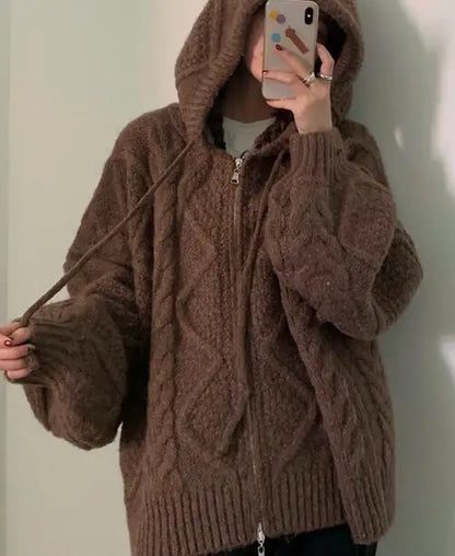 Womens Oversized Brown Knit Sweater Autumn Winter New Korean Fashion Long Sleeve Twisted Knit Cardigan Coat