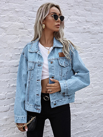 Casual Style Turn-Down Collar Denim Jacket For Women