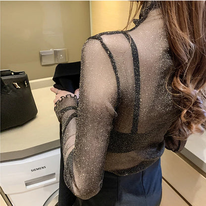 Artisanal Detail: 3D-Floral Mesh Lantern-Sleeve Top
