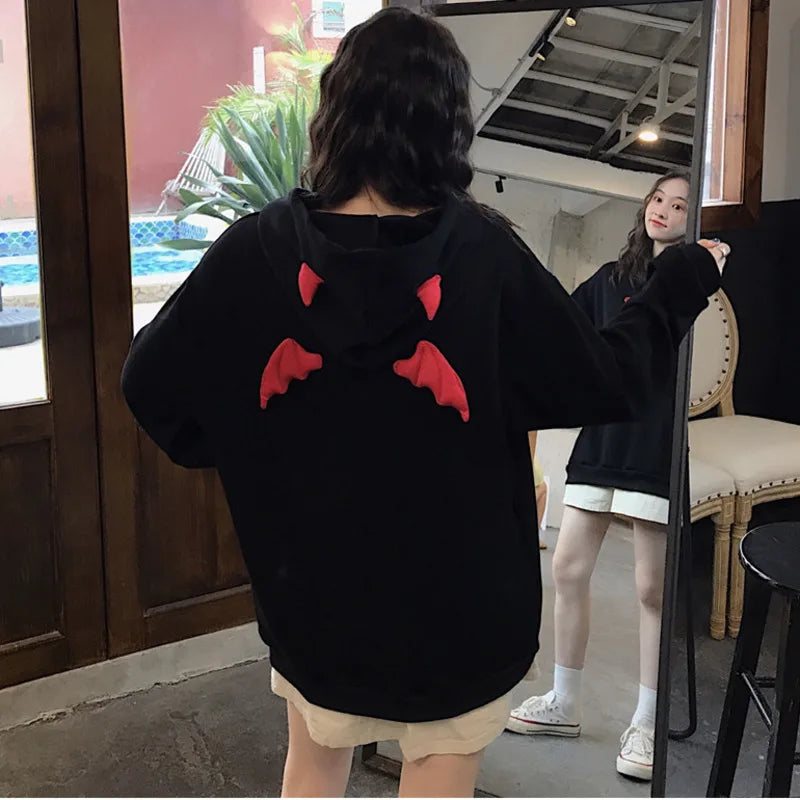 Retro American Style Little Devil Horn Themed Winter Hoodies