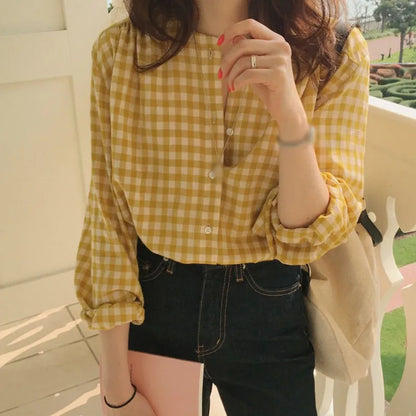 Chic Korean Plaid Blouse: Sweet Autumn Casual Style