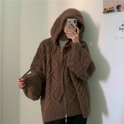 Womens Oversized Brown Knit Sweater Autumn Winter New Korean Fashion Long Sleeve Twisted Knit Cardigan Coat