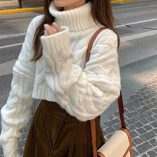 Elegant Turtleneck Winter Sweater For Women Thick Warm Knitted Pullover With Crochet Texture Slim Loose Fit Jersey Knit Jumper