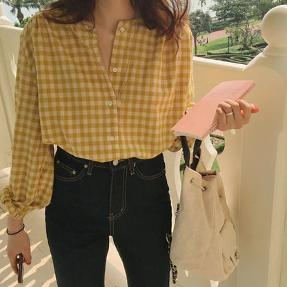 Chic Korean Plaid Blouse: Sweet Autumn Casual Style