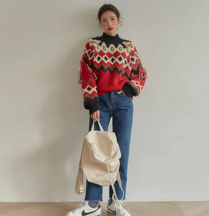 Women's Long Sleeve Autumn/Winter Christmas Sweater – Vintage Red Jacquard Knit, Boho Tassel Jumper Pullover