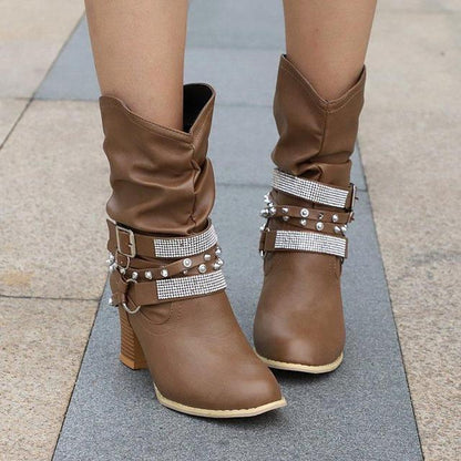 Women's Knee-High Buckle Strap Boots – Retro PU Leather Rivet Thick Heel Motorcycle Boots