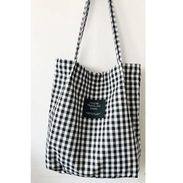Plaid Handmade Cotton Linen Tote Foldable Canvas Shopper Shoulder Bag For Women