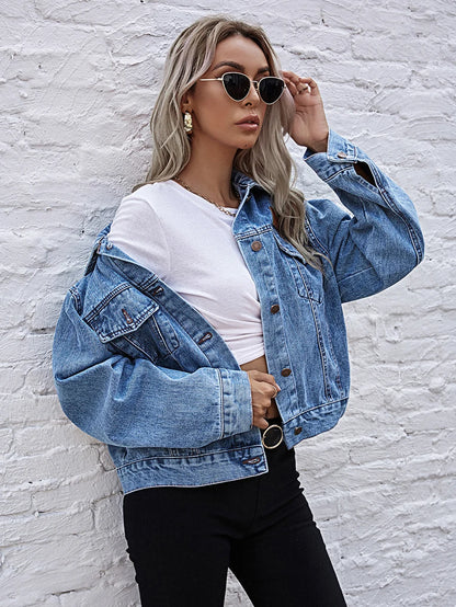 Casual Style Turn-Down Collar Denim Jacket For Women