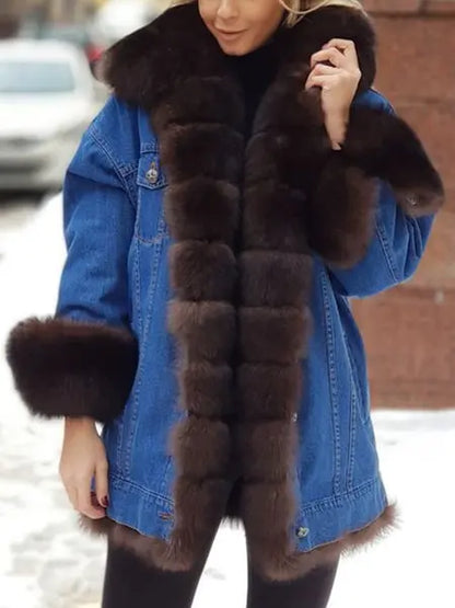 Furry Plush Neck Denim Jackets