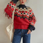 Vintage Red Jacquard Knit Sweater: Long Sleeve, Warm for Autumn/Winter
