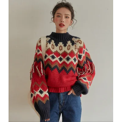 Women's Long Sleeve Autumn/Winter Christmas Sweater – Vintage Red Jacquard Knit, Boho Tassel Jumper Pullover