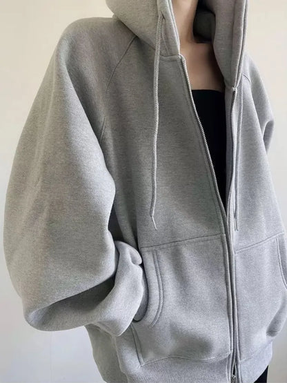 Oversized Zip-Up Hoodie – Thickened Korean Fashion Winter Sweatshirt for Women