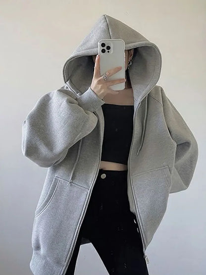 Oversized Zip-Up Hoodie – Thickened Korean Fashion Winter Sweatshirt for Women