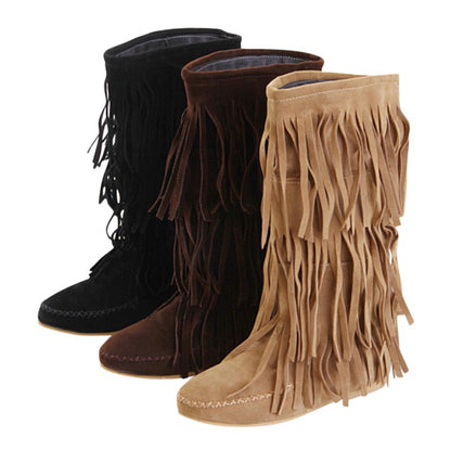 Faux Suede Fringe Tassel Mid-Calf Knight Boots – Casual Flat Heel, Bohemian Cowboy Dress Booties for Women