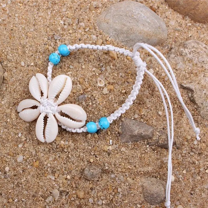 Bora Bora Beach Vibes - White Cord Cowrie Shell Flower Anklet
