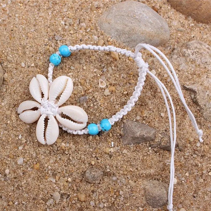 Bora Bora Beach Vibes - White Cord Cowrie Shell Flower Anklet