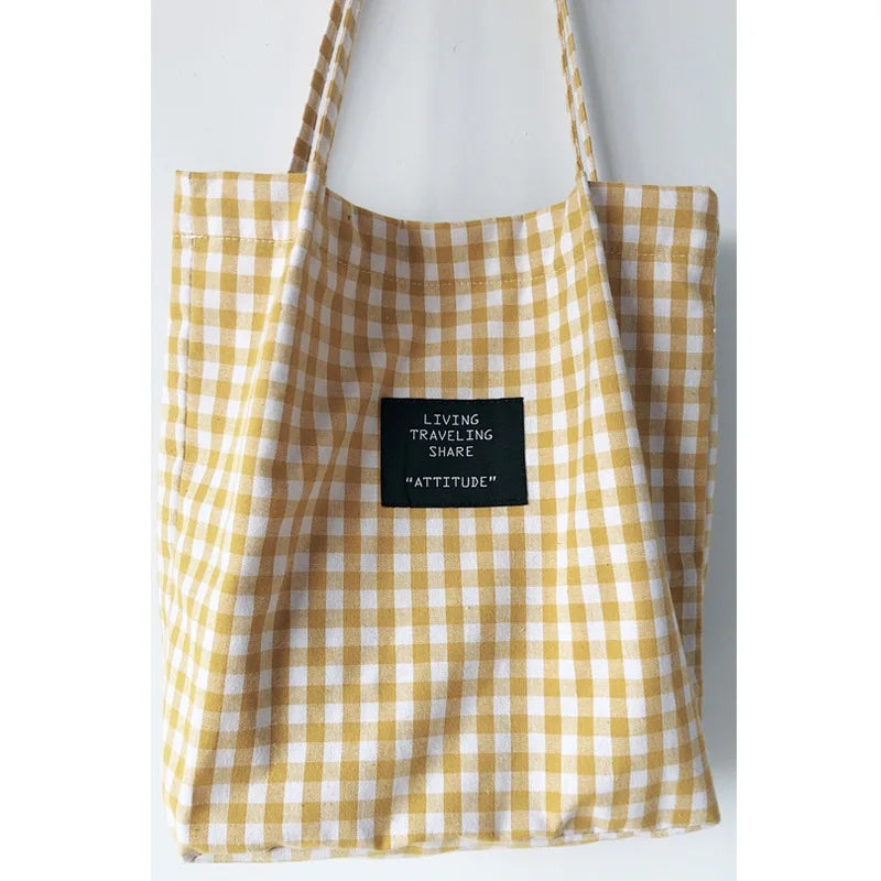 Plaid Handmade Cotton Linen Tote Foldable Canvas Shopper Shoulder Bag For Women