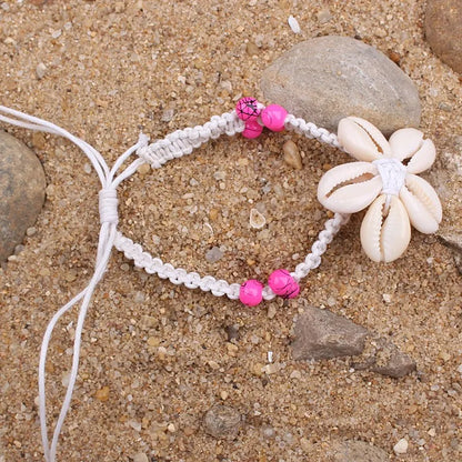 Bora Bora Beach Vibes - White Cord Cowrie Shell Flower Anklet