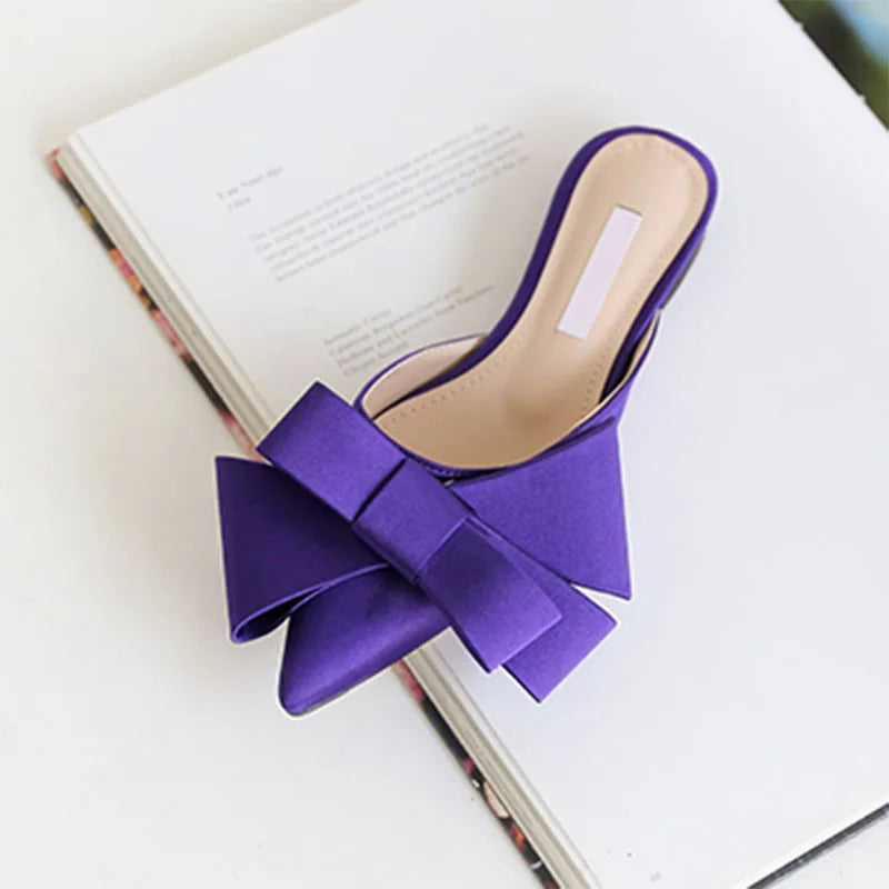 New Korean Style Silk Satin Pointed Baotou Half Slippers For Women 2025 Spring And Summer Bow Flat Heel Muller Shoes In Large Size