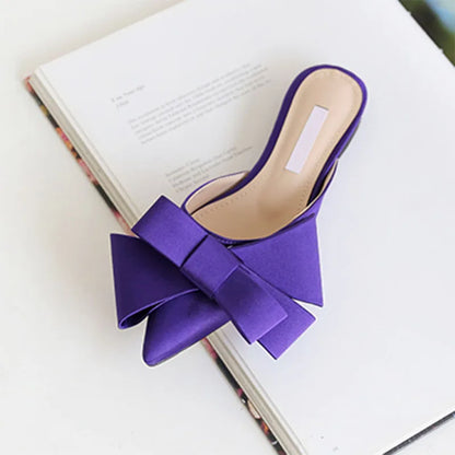 New Korean Style Silk Satin Pointed Baotou Half Slippers For Women 2025 Spring And Summer Bow Flat Heel Muller Shoes In Large Size