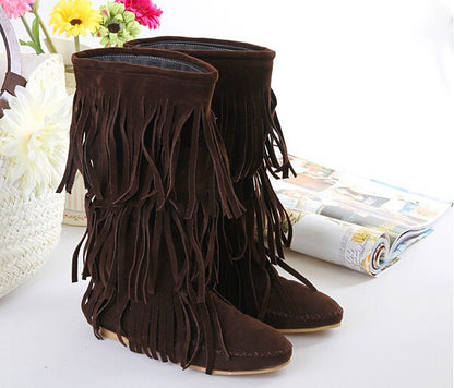 Faux Suede Fringe Tassel Mid-Calf Knight Boots – Casual Flat Heel, Bohemian Cowboy Dress Booties for Women