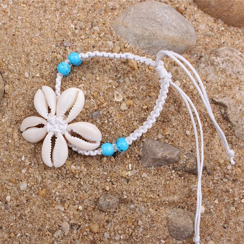 Bora Bora Beach Vibes - White Cord Cowrie Shell Flower Anklet