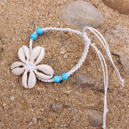 Bora Bora Beach Vibes - White Cord Cowrie Shell Flower Anklet