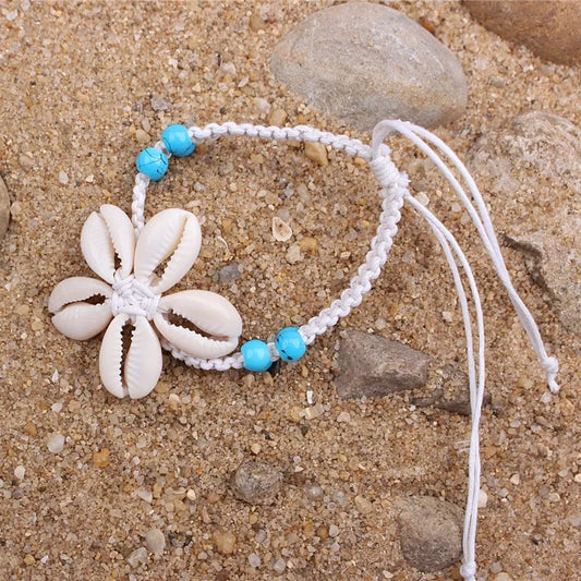 Bora Bora Beach Vibes - White Cord Cowrie Shell Flower Anklet