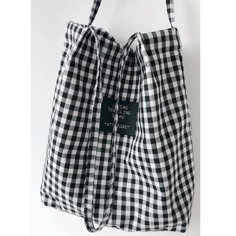 Plaid Handmade Cotton Linen Tote Foldable Canvas Shopper Shoulder Bag For Women