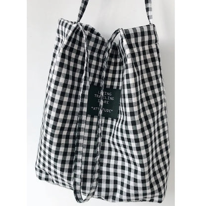 Plaid Handmade Cotton Linen Tote Foldable Canvas Shopper Shoulder Bag For Women