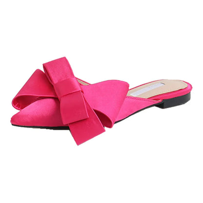 New Korean Style Silk Satin Pointed Baotou Half Slippers For Women 2025 Spring And Summer Bow Flat Heel Muller Shoes In Large Size