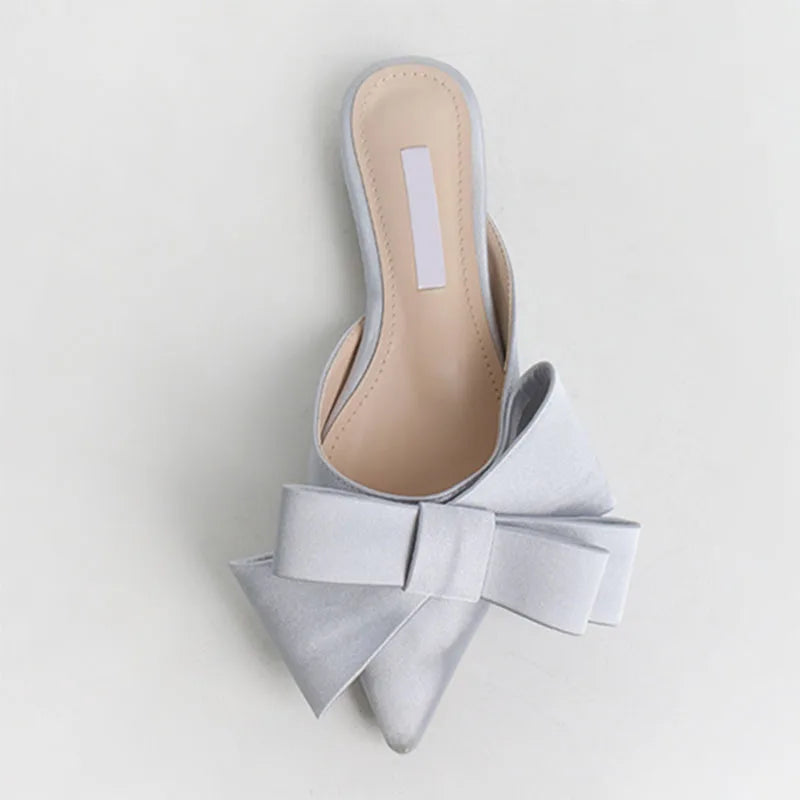 New Korean Style Silk Satin Pointed Baotou Half Slippers For Women 2025 Spring And Summer Bow Flat Heel Muller Shoes In Large Size