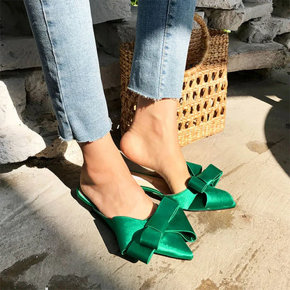 New Korean Style Silk Satin Pointed Baotou Half Slippers For Women 2025 Spring And Summer Bow Flat Heel Muller Shoes In Large Size