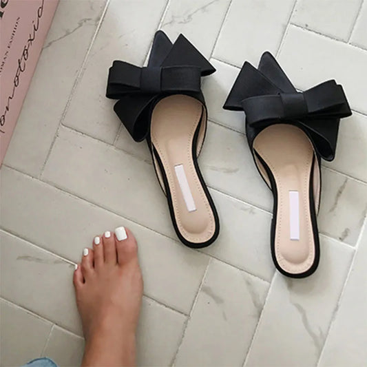 New Korean Style Silk Satin Pointed Baotou Half Slippers For Women 2025 Spring And Summer Bow Flat Heel Muller Shoes In Large Size