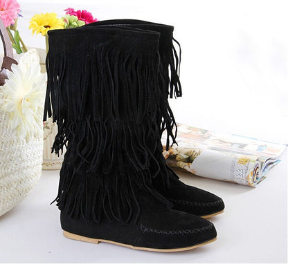 Faux Suede Fringe Tassel Mid-Calf Knight Boots – Casual Flat Heel, Bohemian Cowboy Dress Booties for Women