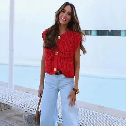 Big Buttoned Red Sleeveless Cropped Vests