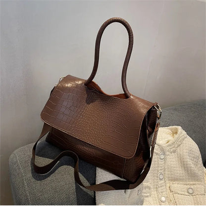 Chic Espresso Croc Embossed Shoulder Bag