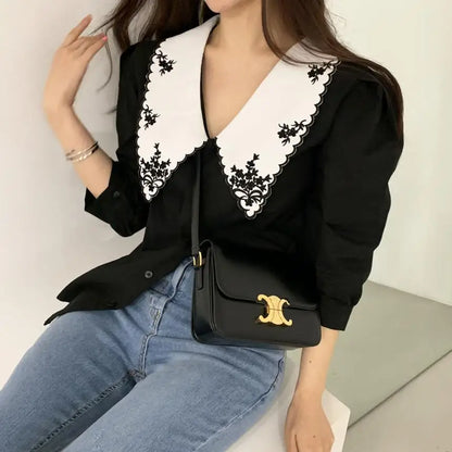 Embroidered Puff Sleeve Panelled Shirt for Women – Summer Casual Cozy Design, Aesthetic & Trendy